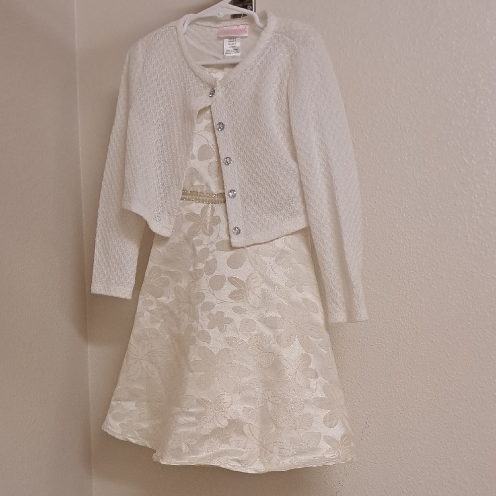 Youngland Ivory Floral Dress with Knit Cardigan